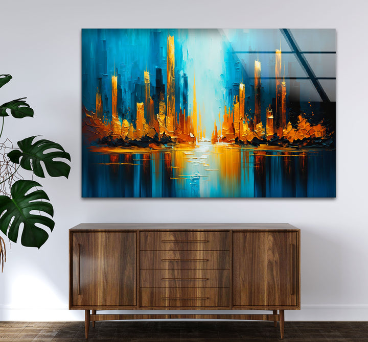 Blue and Gold Abstract City Wall Art – Vibrant Skyline Glass Print