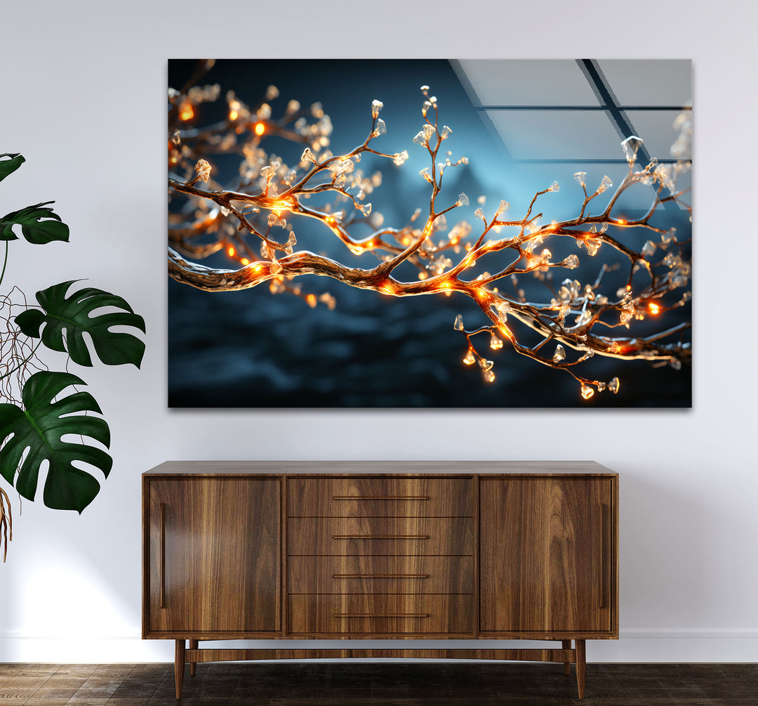 Golden Crystal Tree Branch Wall Art – Illuminated Nature Glass Print