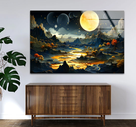 The layering effect of this fantasy moonlit landscape wall art is enhanced by the surreal glass art painting, revealing a golden river amidst towering peaks.