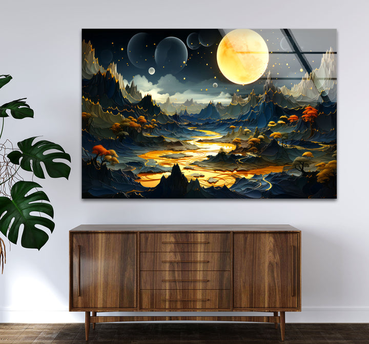 Fantasy Moonlit Landscape Wall Art – Surreal Glass Print with Golden River