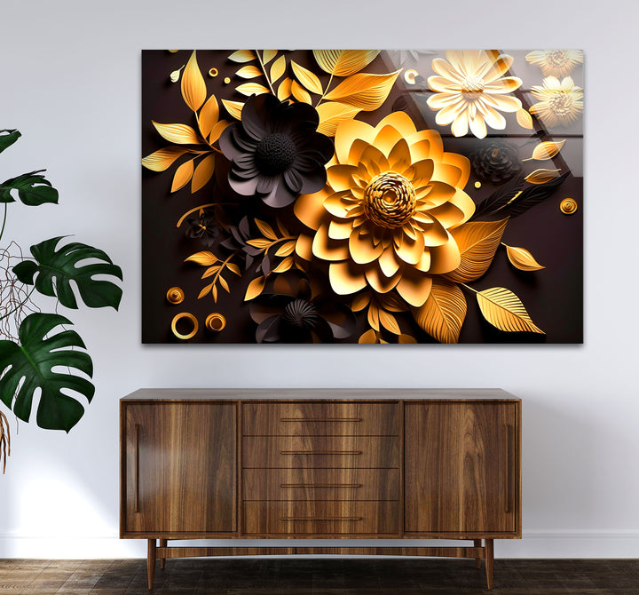 Golden Bloom Florale Wandkunst – Dekor aus gehärtetem Glas in Schwarz und Gold