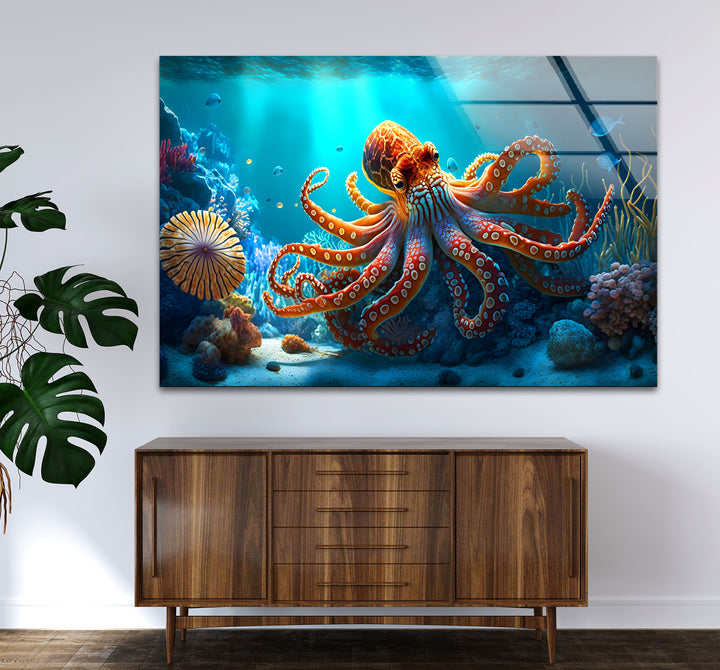 Octopus Underwater Wall Art – Vibrant Coral Reef Ocean Scene Glass Print