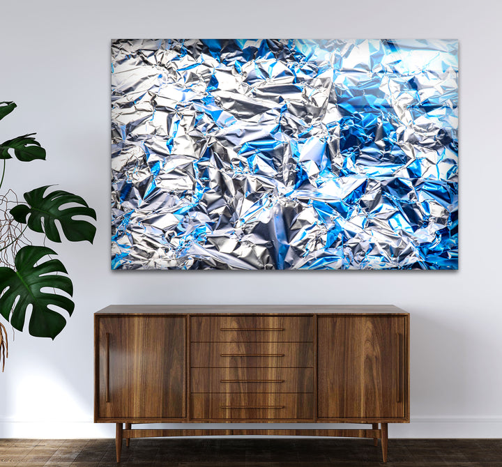 Crinkled Silver Foil Wall Art – Abstract Metallic Texture Glass Print