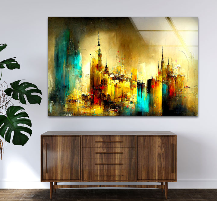 Abstract Cityscape Wall Art – Golden and Teal Urban Glass Print Design
