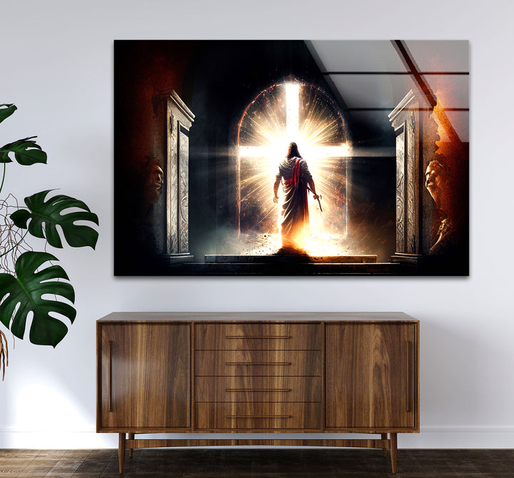 Jesus steht vor dem strahlenden Kreuz – Christlicher Wandbild-Glasdruck