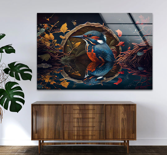 A kingfisher reflection glass art painting creates a layered effect with autumn forest foliage and a tranquil pool.