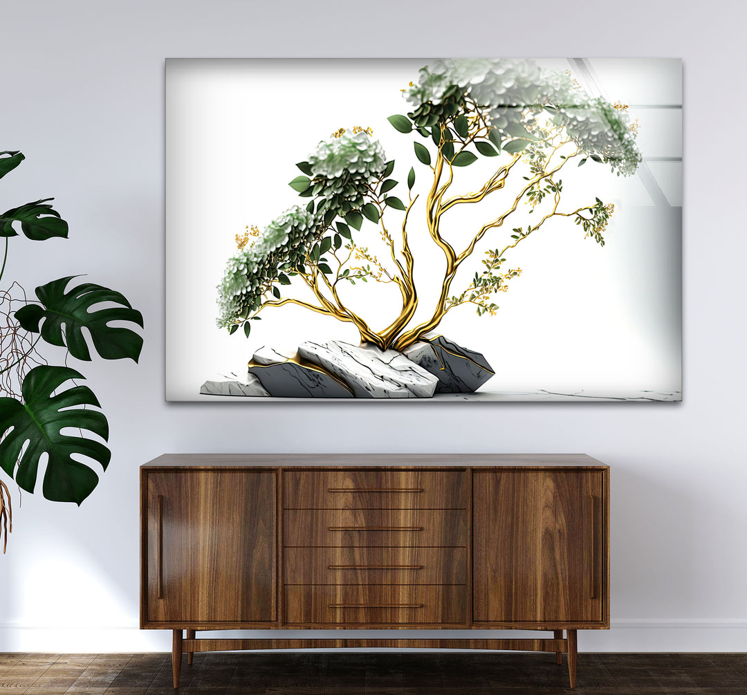 Goldene Bonsai-Baum-Wandkunst – Weißer Blumenglasdruck mit Marmorsteinen