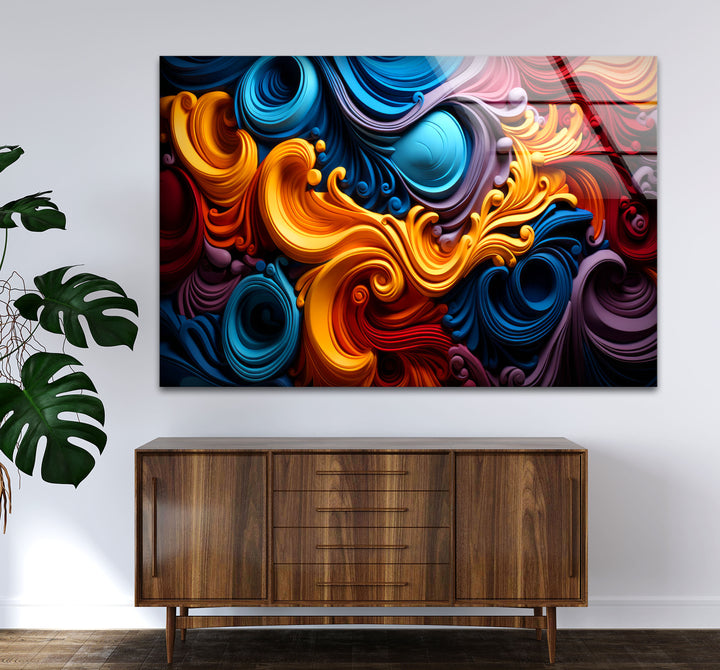 Vibrant Swirl Glass Wall Art – Bold Abstract Color Wave Design