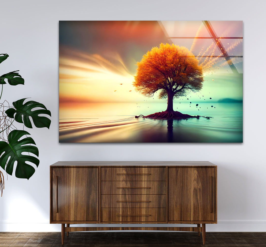 Schwebende Herbstbaum-Wandkunst – Ruhiges Landschafts-Glasdruck-Design