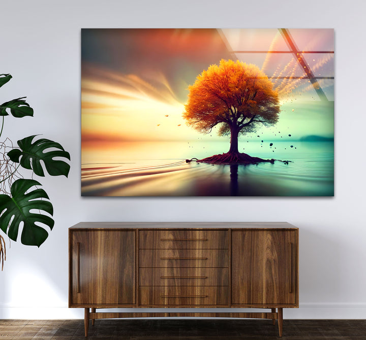 Schwebende Herbstbaum-Wandkunst – Ruhiges Landschafts-Glasdruck-Design
