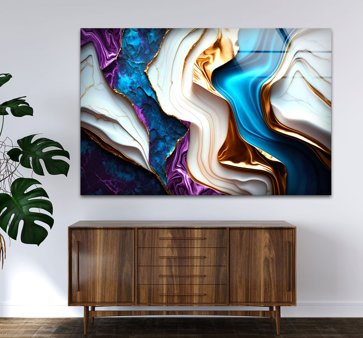 Colorful Marble Abstract Wall Art – Blue, Purple & Gold Glass Print Design