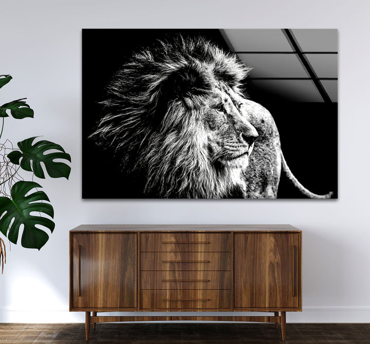 Black and White Lion Wall Art – Majestic Wildlife Glass Print Design