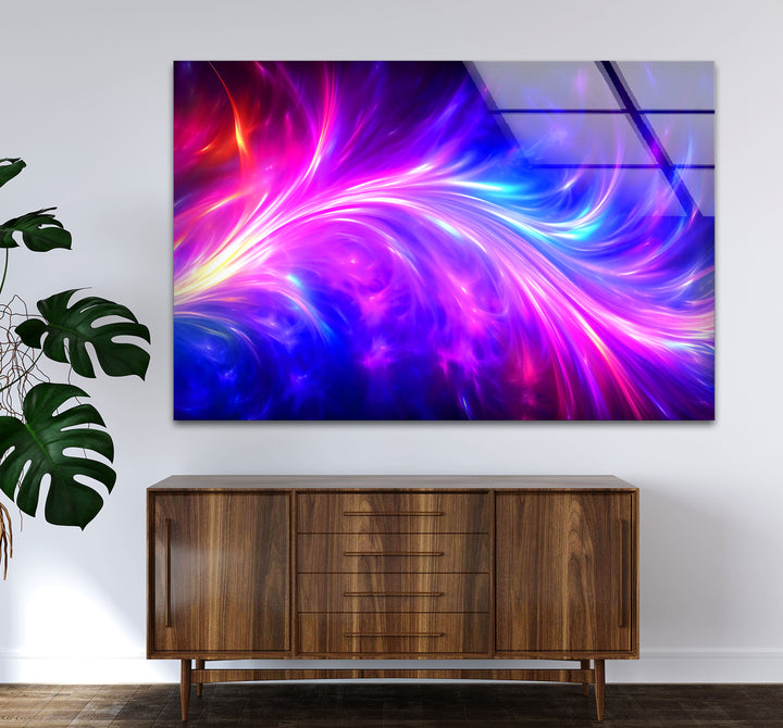 Wandkunst mit kosmischer Energie – Lebendiger abstrakter Glasdruck mit Neonwirbel 