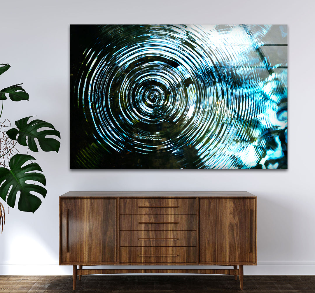 Water Ripple Abstract Wall Art – Blue Circular Wave Glass Print Design