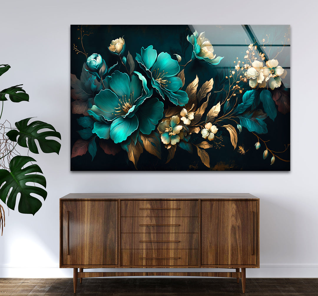 Blaugrüne und goldene florale Wandkunst – Luxuriöses botanisches Glasdruckdesign