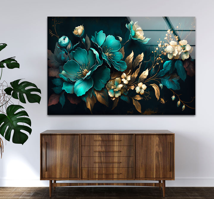 Blaugrüne und goldene florale Wandkunst – Luxuriöses botanisches Glasdruckdesign