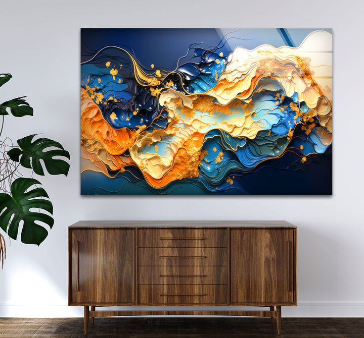 Blue Gold Abstract Wave Wall Art – Modern Fluid Glass Print for Interior Elegance