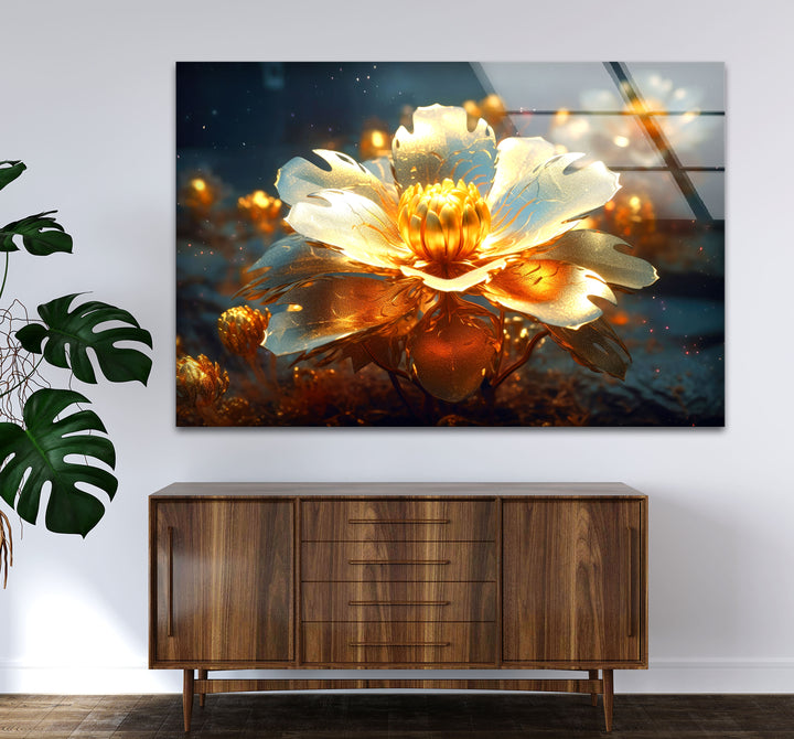 Golden Bloom Glass Wall Art – Luminous Abstract Flower Print