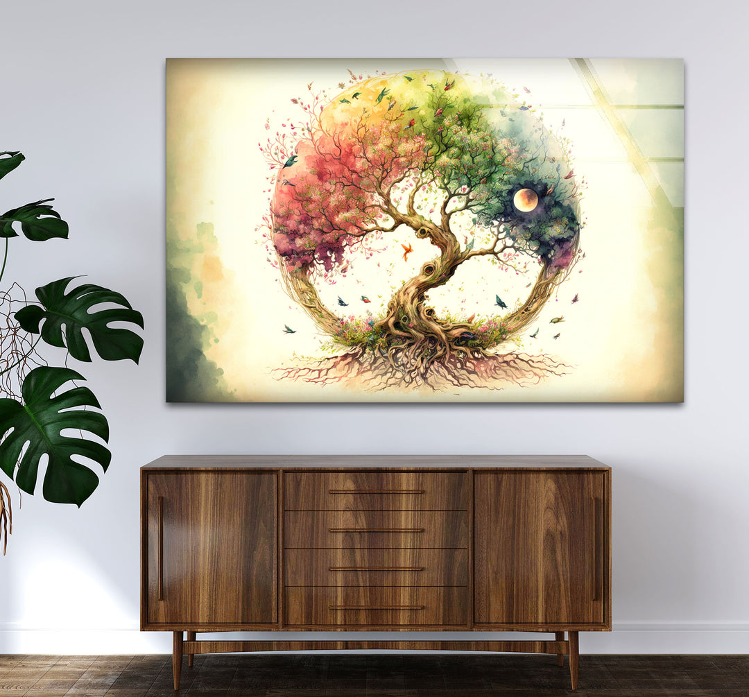 Regenbogen-Baum des Lebens Wandkunst – Wunderliches Aquarell-Glasdruck-Design