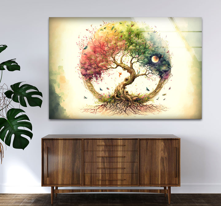 Regenbogen-Baum des Lebens Wandkunst – Wunderliches Aquarell-Glasdruck-Design