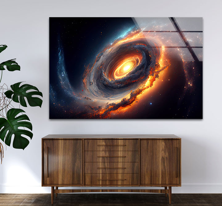 Feurige Galaxie-Spiralwandkunst – Glasdruck mit Weltraumnebel 