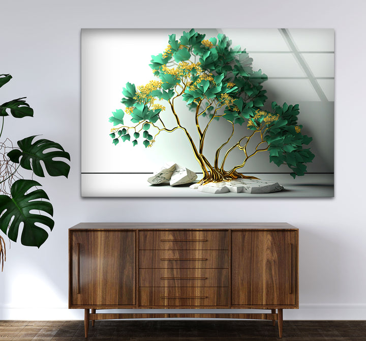 Elegante grüne Baum-Wandkunst – Goldener botanischer Glasdruck mit Marmorsockel