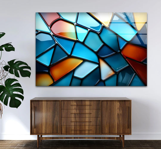 The abstract stained glass art painting features a clean, sharp border defining its vibrant blue and red geometric pattern.