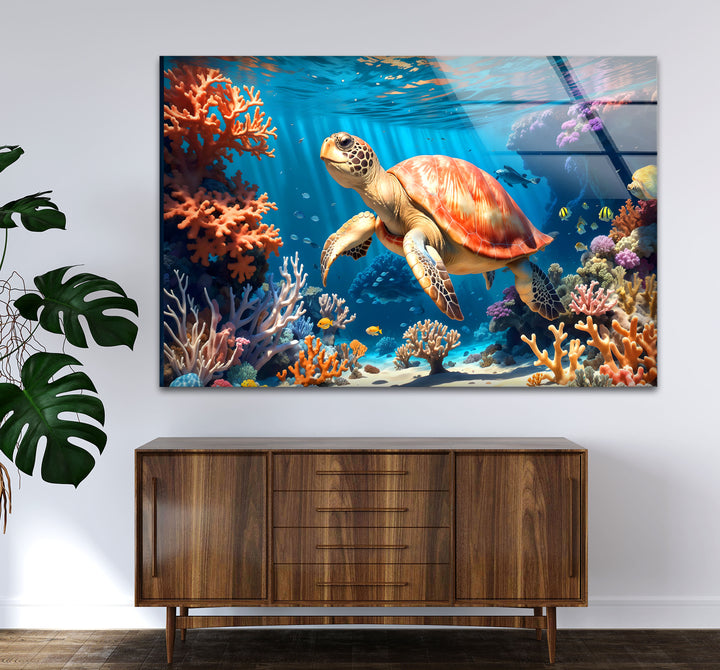 Sea Turtle Underwater Wall Art – Coral Reef Ocean Scene Glass Print