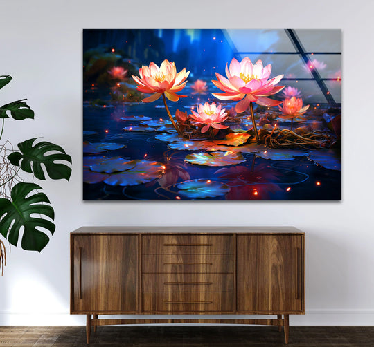 Organic lotus blooms reach skyward as ethereal wall prints, captured in the tranquil water lily glass print.