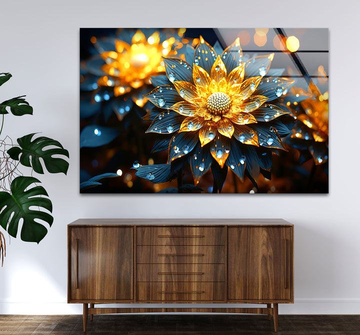 Golden Glow Floral Wall Art – Illuminated Flower Glass Print Design