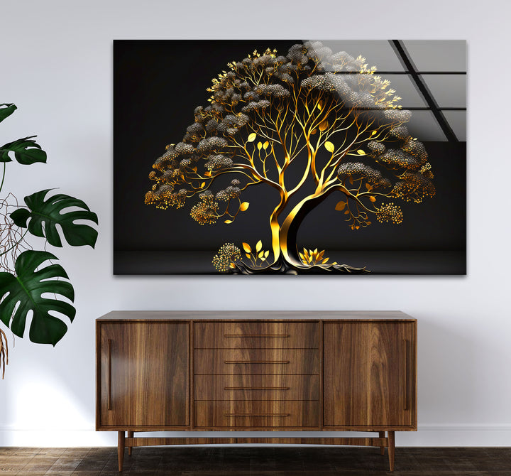 Golden Tree Wandkunst – Luxuriöses Gold- und Schwarz-Natur-Glasdruckdesign