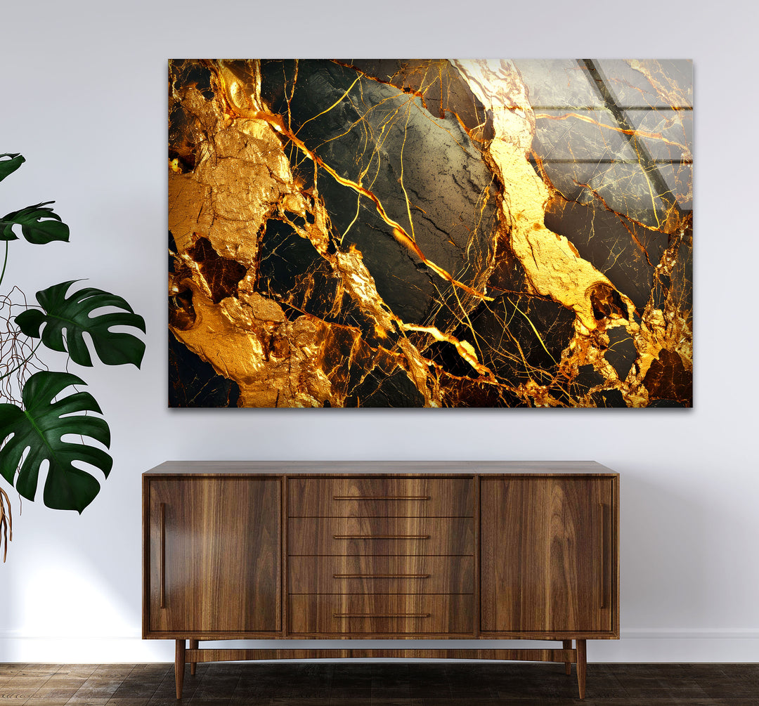 Gold Marble Abstract Wall Art – Luxury Black and Gold Glass Print Design