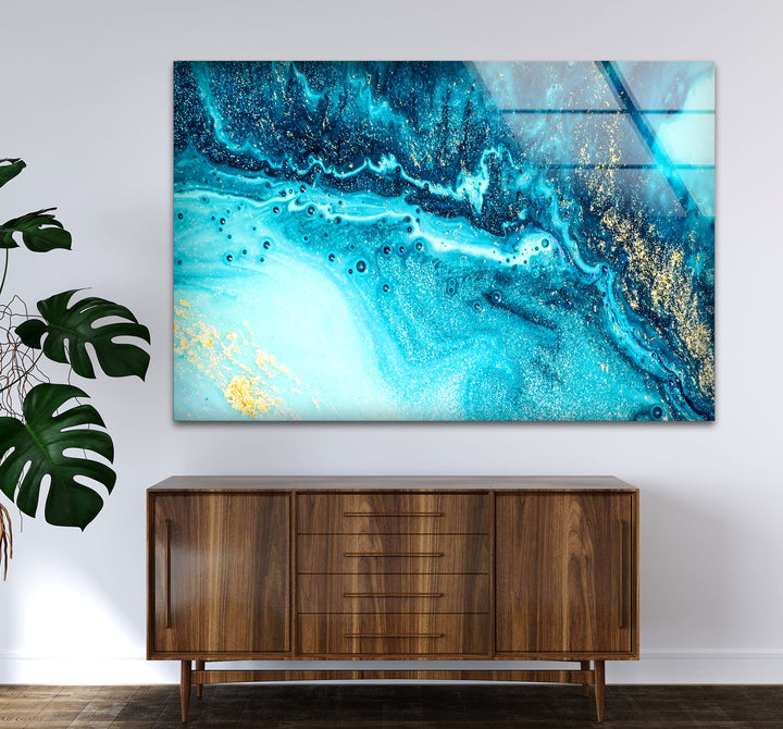 Blue and Gold Abstract Wall Art – Ocean-Inspired Glass Print Design