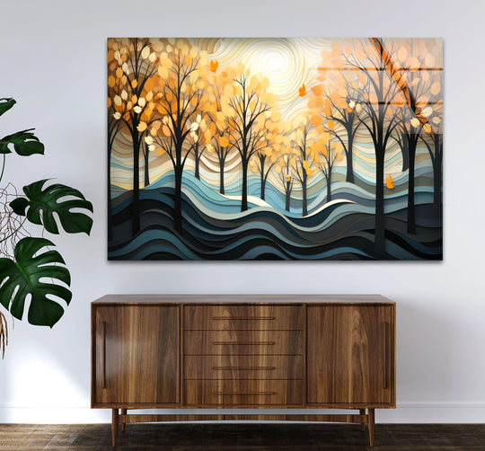 Against a swirl of cream and gold, the sun shines in this decorative wall art featuring the golden forest glass wall art with an autumn trees motif.