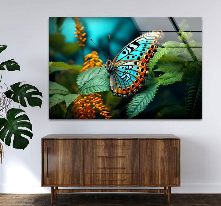 Blue Monarch Glaswandkunst – Lebendiger Schmetterling auf Blattdruck 