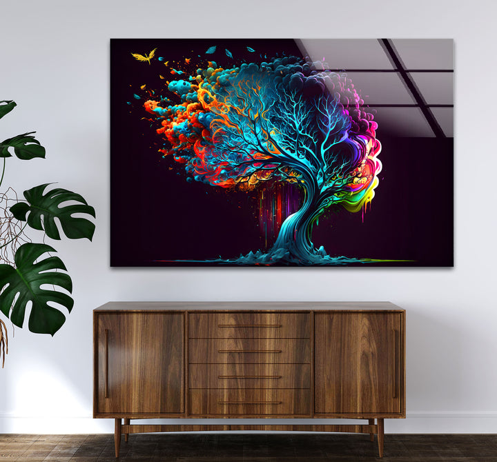 Farbenfrohe Fantasy-Baum-Wandkunst – Lebendiges abstraktes Glasdruck-Design