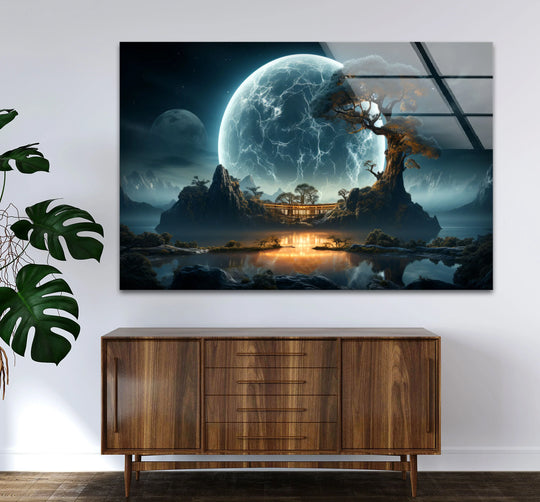 Realistic detail highlights the moonlit zen temple in this futuristic landscape, beautifully displayed as tempered glass wall art, creating an immersive visual experience.