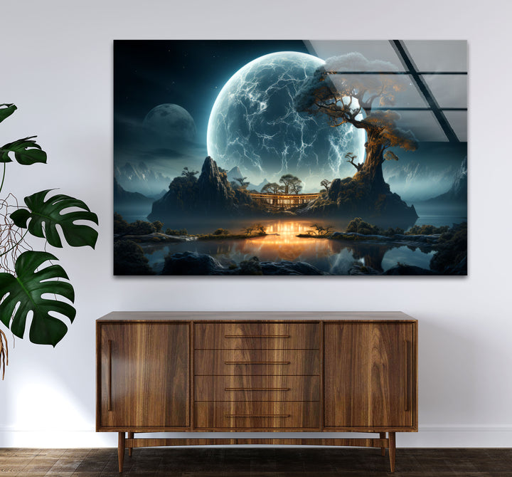 Moonlit Zen Temple Wall Art – Futuristic Landscape Glass Print