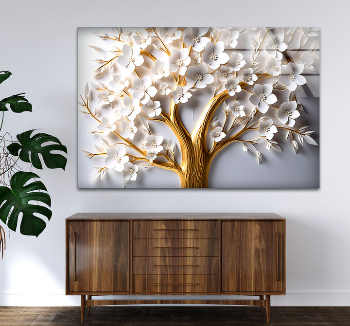 Golden Blooming Tree Wandkunst – Weißer Blumenglasdruck für elegantes Dekor