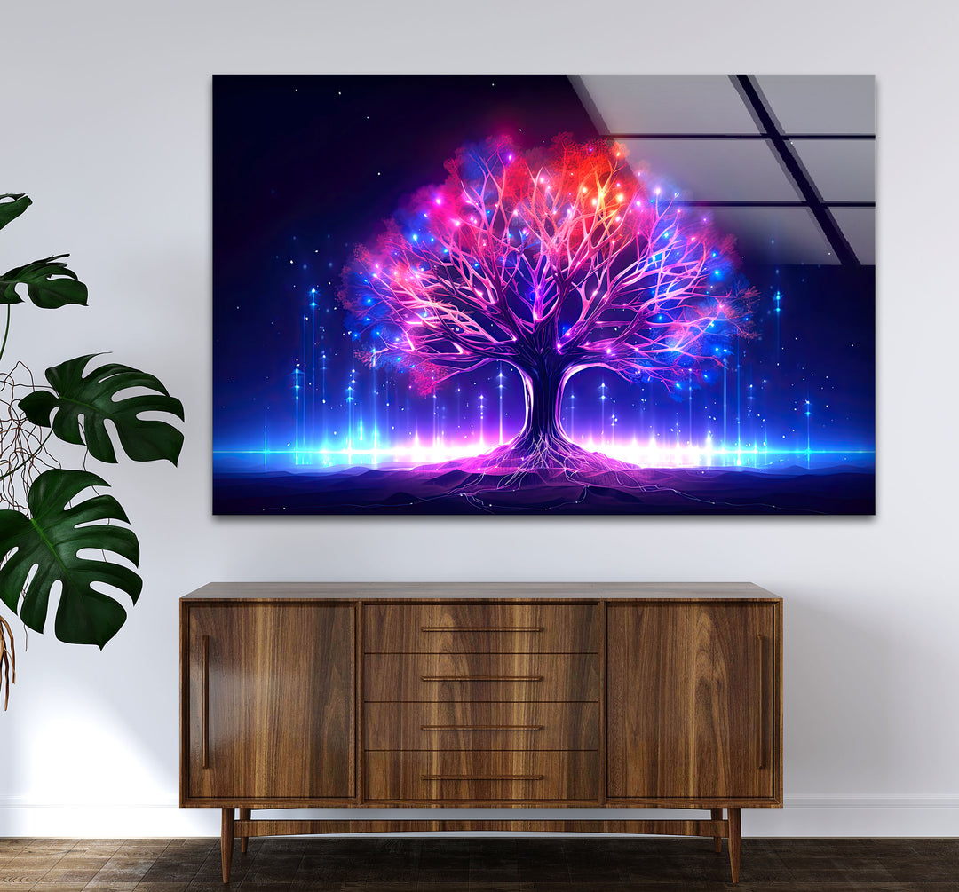 Leuchtende Fantasy-Baum-Wandkunst – Abstraktes Glasdruckdesign mit Neonlicht