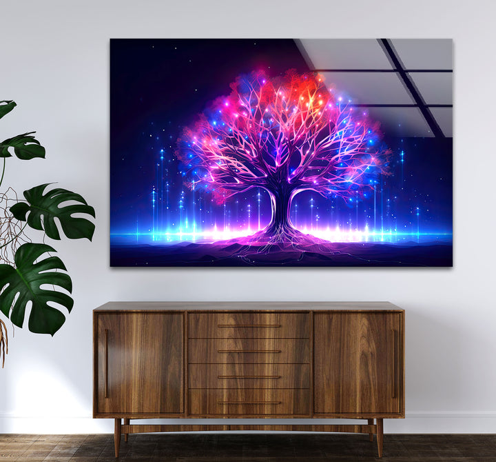 Leuchtende Fantasy-Baum-Wandkunst – Abstraktes Glasdruckdesign mit Neonlicht