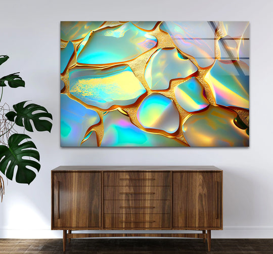 Abstract glass print art with iridescent gold and rainbow hues, casting a dynamic play of light and shadow across its luminous surface.
