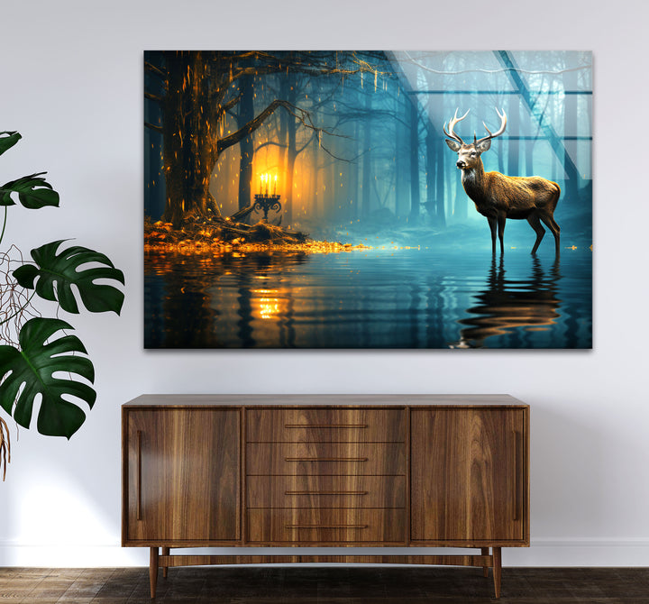 Mystische Wald Hirsch Wandkunst – Verzauberte Natur Glasdruck Dekor
