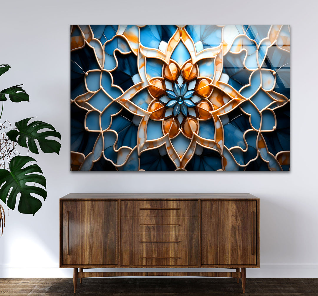 Blue & Amber Geometric Wall Art – Islamic Mandala Glass Print for Modern Interiors