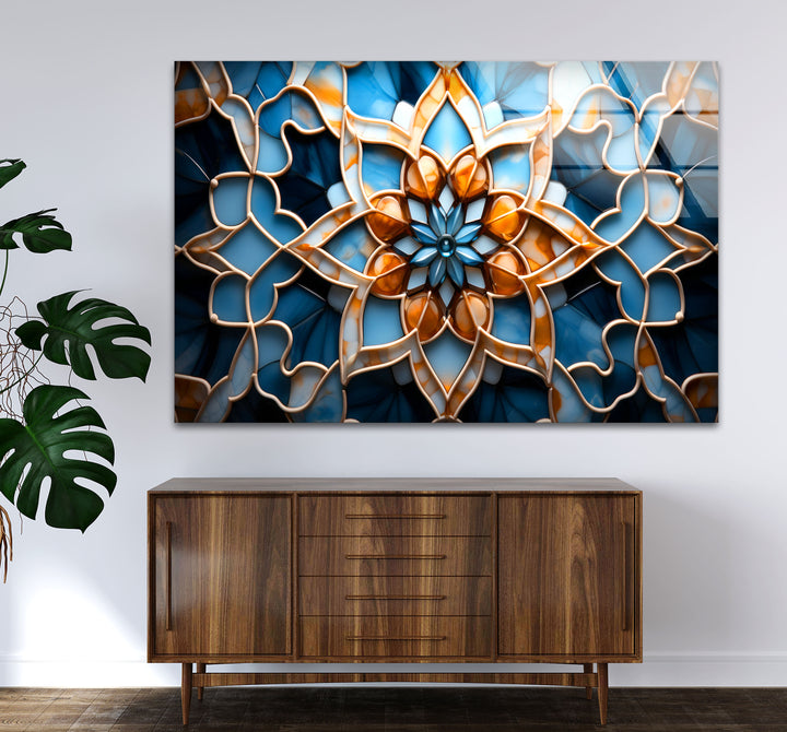 Blue & Amber Geometric Wall Art – Islamic Mandala Glass Print for Modern Interiors