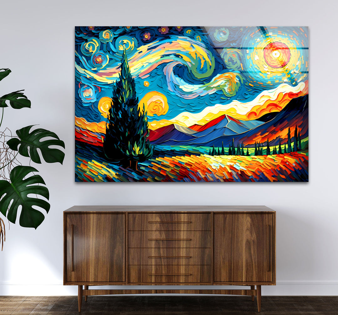 Sternennacht-Landschaftswandkunst – Van Gogh inspirierter bunter Glasdruck