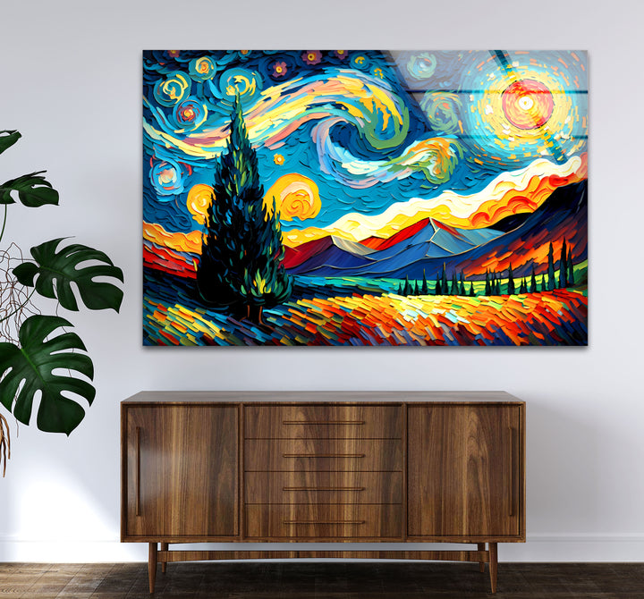 Sternennacht-Landschaftswandkunst – Van Gogh inspirierter bunter Glasdruck