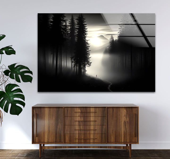 Foggy Forest Black and White Wall Art – Minimalist Glass Print Decor