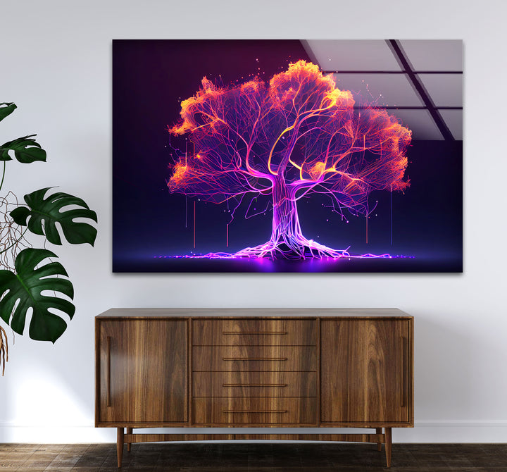 Neon Digital Tree Wandkunst – Futuristischer leuchtender Lichtnetzwerk-Glasdruck