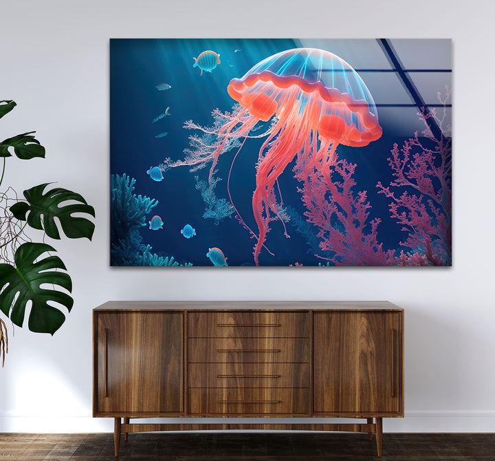 Neon Quallen Wandkunst – Unterwasser Ozean Szene Glas Druck Dekor